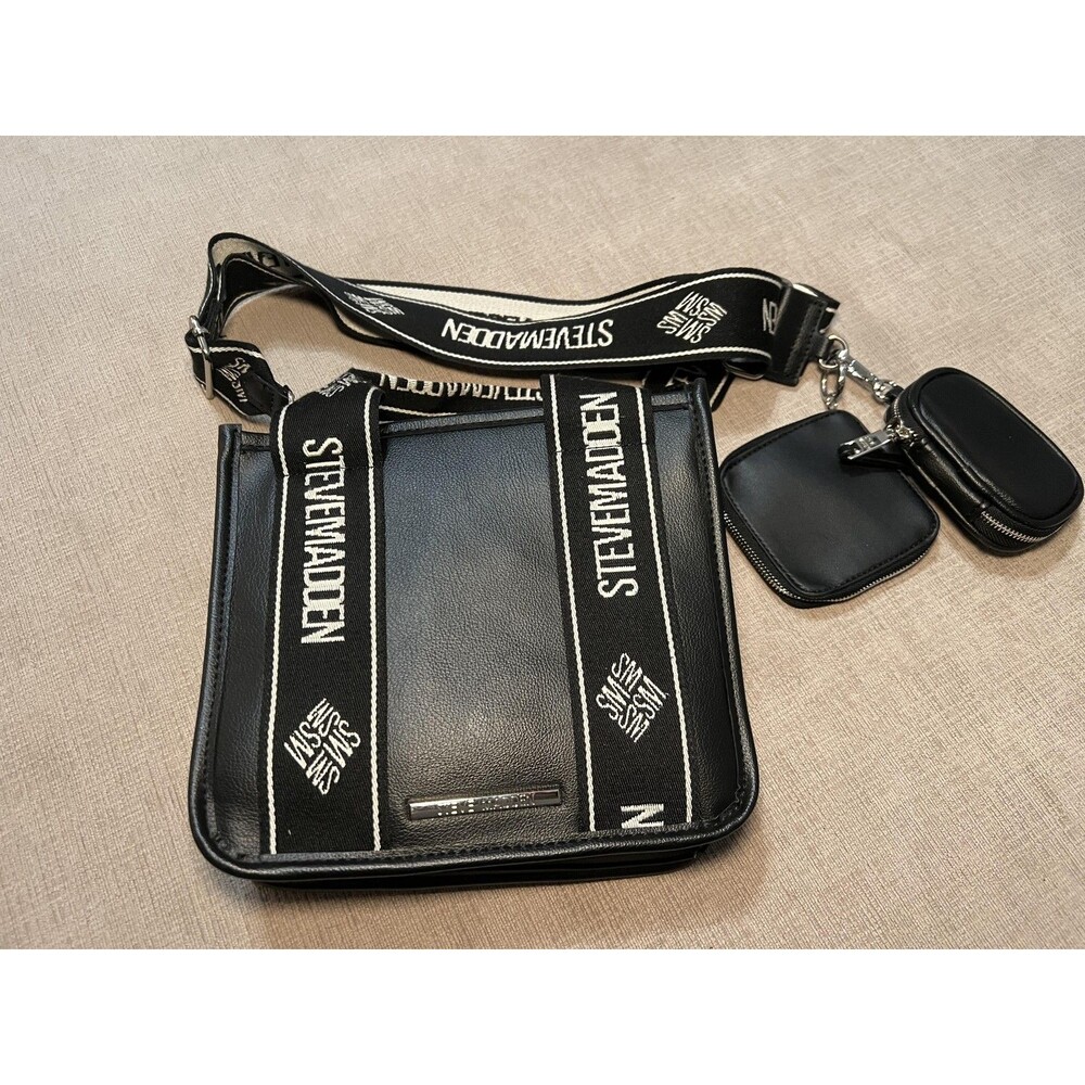 Steve Madden Crossbody Bag Womens Small Black Logo Strap Pouch Set Shoulder